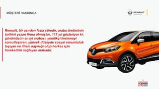 5
Renault, bir asırdan fazla süredir, araba üretiminin
tarihini yazan firma olmuştur. 117 yıl gösteriyor ki;
günümüzün en iyi arabası, yenilikçi ilerlemeyi
somutlaştıran, yüksek düzeyde sosyal sorumluluk
taşıyan ve ilham kaynağı olup herkes için
hareketlilik sağlayan arabadır.
MÜŞTERİ HAKKINDA
 