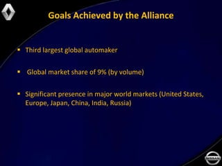 Goals Achieved by the Alliance


 Third largest global automaker

 Global market share of 9% (by volume)

 Significant presence in major world markets (United States,
  Europe, Japan, China, India, Russia)
 