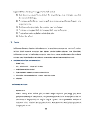 Supervisi dilaksanakan dengan menggunakan metode berikut: 
1) Studi dokumen, evaluasi kinerja, diskusi, dan pengembangan kerja kelompok, presentasi, 
dan transaksi tindaklanjut. 
2) Pemantauan perkembangan keyakinan pada perencanaan dan pelaksanaan kegiatan serta 
penjaminan mutu. 
3) Bimbingan dalam peningkatan dan perbaikan mutu berkelanjutan 
4) Pembinaan terhadap pendidik dan tenaga pendidik under performance; 
5) Pendampingan dalam perbaikan mutu berkelanjutan 
6) Evaluasi dan refleksi 
G. Teknik 
Pelaksanaan kegiatan dilakukan dalam kunjungan kerja rutin pengawas dengan mengkonfirmasikan 
terlebih dahulu rencana pembinaan dan sekolah mempersiapkan dokumen yang dibutuhkan. 
Pelaksanaan supervisi ini melibatkan pemangku kepentingan utama yaitu kepala sekolah, wakasek 
dan tata usaha dalam kegiatan perencanaan, pelaksanaan, dan kegiatan penjaminan mutu. 
H. Media Penyajian/Alat bantu Penyajian : 
1. Power Point 
2. Data Hasil Analisis Evaluasi Diri Sekolah 
3. Dokumen Program Sekolah 
4. Dokumen Rencana Pengawasan Dan Pembinaan 
5. Instrumen Evaluasi Pemenuhan Delapan Standar Nasional 
6. Laporan 
I. Langkah Pelaksanaan : 
1. Pendahuluan 
Diskusi tentang kultur sekolah yang dikaitkan dengan keyakinan yang tinggi yang harus 
pengelola kembangkan sebagai dasar peningkatan target mutu dalam menerapkan stadar. Ini 
ditindaklanjuti dengan menyusun langkah-langkah kegiatan satuan pendidikan, menyiapkan 
instrumen kinerja perbaikan dan penjaminan mutu. Kemudian melakukan uji coba penjaminan 
dan pengolahan data. 
12 
 