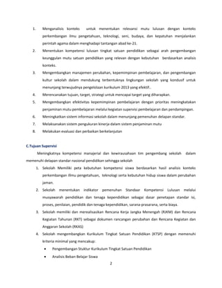 1. Menganalisis konteks untuk menentukan relevansi mutu lulusan dengan konteks 
perkembangan ilmu pengetahuan, teknologi, seni, budaya, dan kepatuhan menjalankan 
perintah agama dalam menghadapi tantangan abad ke-21. 
2. Menentukan kompetensi lulusan tingkat satuan pendidikan sebagai arah pengembangan 
keunggulan mutu satuan pendidikan yang relevan dengan kebutuhan berdasarkan analisis 
konteks. 
3. Mengembangkan manajemen perubahan, kepemimpinan pembelajaran, dan pengembangan 
kultur sekolah dalam mendukung terbentuknya lingkungan sekolah yang kondusif untuk 
menunjang terwujudnya pengelolaan kurikulum 2013 yang efektif.. 
4. Merencanakan tujuan, target, strategi untuk mencapai target yang diharapkan. 
5. Mengembangkan efektivitas kepemimpinan pembelajaran dengan prioritas meningkatakan 
penjaminan mutu pembelajaran melalui kegiatan supervisi pembelajaran dan pendampingan. 
6. Meningkatkan sistem informasi sekolah dalam menunjang pemenuhan delapan standar. 
7. Melaksanakan sistem pengukuran kinerja dalam sistem penjaminan mutu 
8. Melakukan evaluasi dan perbaikan berkelanjutan 
C.Tujuan Supervisi 
Meningkatnya kompetensi manajerial dan kewirausahaan tim pengembang sekolah dalam 
memenuhi delapan standar nasional pendidikan sehingga sekolah 
1. Sekolah Memiliki peta kebutuhan kompetensi siswa berdasarkan hasil analisis konteks 
perkembangan illmu pengetahuan, teknologi serta kebutuhan hidup siswa dalam perubahan 
jaman. 
2. Sekolah menentukan indikator pemenuhan Standaar Kompetensi Lulusan melalui 
musyawarah pendidikan dan tenaga kependidikan sebagai dasar penetapan standar isi, 
proses, penilaian, pendidik dan tenaga kependidikan, sarana-prasarana, serta biaya. 
3. Sekolah memiliki dan merealisasikan Rencana Kerja Jangka Menengah (RJKM) dan Rencana 
Kegiatan Tahunan (RKT) sebagai dokumen rancangan perubahan dan Rencana Kegiatan dan 
Anggaran Sekolah (RKAS) 
4. Sekolah mengembangkan Kurikulum Tingkat Satuan Pendidikan (KTSP) dengan memenuhi 
kriteria minimal yang mencakup: 
· Pengembangan Stuktur Kurikulum Tingkat Satuan Pendidikan 
· Analisis Beban Belajar Siswa 
2 
 