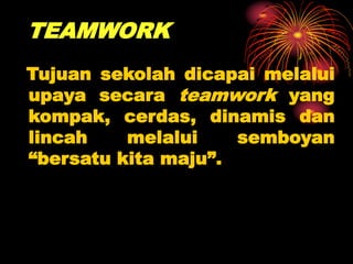 TEAMWORK
Tujuan sekolah dicapai melalui
upaya secara teamwork yang
kompak, cerdas, dinamis dan
lincah melalui semboyan
“bersatu kita maju”.
 