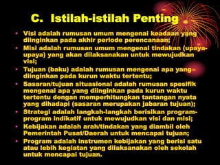 C. Istilah-istilah Penting
• Visi adalah rumusan umum mengenai keadaan yang
diinginkan pada akhir periode perencanaan;
• Misi adalah rumusan umum mengenai tindakan (upaya-
upaya) yang akan dilaksanakan untuk mewujudkan
visi;
• Tujuan (baku) adalah rumusan mengenai apa yang
diinginkan pada kurun waktu tertentu;
• Sasaran/tujuan situasional adalah rumusan spesifik
mengenai apa yang diinginkan pada kurun waktu
tertentu dengan memperhitungkan tantangan nyata
yang dihadapi (sasaran merupakan jabaran tujuan);
• Strategi adalah langkah-langkah berisikan program-
program indikatif untuk mewujudkan visi dan misi;
• Kebijakan adalah arah/tindakan yang diambil oleh
Pemerintah Pusat/Daerah untuk mencapai tujuan;
• Program adalah instrumen kebijakan yang berisi satu
atau lebih kegiatan yang dilaksanakan oleh sekolah
untuk mencapai tujuan.
 