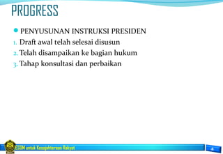 ESDM untuk Kesejahteraan Rakyat
PROGRESS
PENYUSUNAN INSTRUKSI PRESIDEN
1. Draft awal telah selesai disusun
2.Telah disampaikan ke bagian hukum
3. Tahap konsultasi dan perbaikan
 