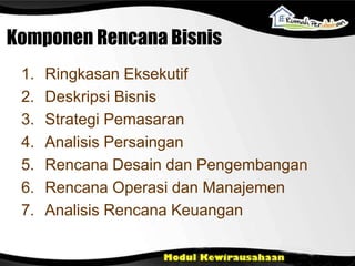 Komponen Rencana Bisnis
1. Ringkasan Eksekutif
2. Deskripsi Bisnis
3. Strategi Pemasaran
4. Analisis Persaingan
5. Rencana Desain dan Pengembangan
6. Rencana Operasi dan Manajemen
7. Analisis Rencana Keuangan
 