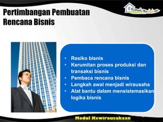 • Resiko bisnis
• Kerumitan proses produksi dan
transaksi bisnis
• Pembaca rencana bisnis
• Langkah awal menjadi wirausaha
• Alat bantu dalam mensistemasikan
logika bisnis
Pertimbangan Pembuatan
Rencana Bisnis
 