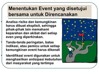 Menentukan Event yang disetujui bersama untuk Direncanakan Analisa risiko dan kemungkinan harus dibuat eksplisit, sehingga pihak-pihak lain memahami keparahan dan akibat dari setiap even yang diperkirakan. Tanda-tanda peringatan, batas indikasi, atau pemicu untuk setiap kemungkinan event harus dikenali Identifikasi event digunakan untuk menghasilkan  antisipasi kebutuhan  dari masyarakat yang tertimpa 