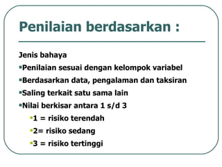 Penilaian berdasarkan : Jenis bahaya Penilaian sesuai dengan kelompok variabel Berdasarkan data, pengalaman dan taksiran Saling terkait satu sama lain  Nilai berkisar antara 1 s/d 3 1 = risiko terendah 2= risiko sedang 3 = risiko tertinggi 