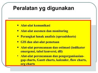 Alat-alat komunikasi Alat-alat asesmen dan monitoring Perangkat lunak analisis (spreadsheets) GIS dan alat-alat pemetaan Alat-alat perencanaan dan estimasi (indikator emergensi, tabel konversi, dll) Alat-alat perencanaan dan pengorganisasian- gap charts, Gantt charts, kalender, flow charts, org charts Peralatan yg digunakan 