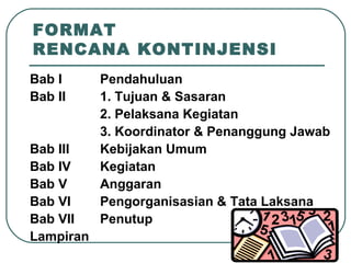 FORMAT  RENCANA KONTINJENSI Bab I Pendahuluan Bab II 1. Tujuan & Sasaran 2. Pelaksana Kegiatan 3. Koordinator & Penanggung Jawab Bab III Kebijakan Umum Bab IV Kegiatan Bab V Anggaran Bab VI Pengorganisasian & Tata Laksana Bab VII Penutup Lampiran 