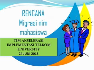 RENCANA
Migrasi nim
mahasiswa
TIM AKSELERASI
IMPLEMENTASI TELKOM
UNIVERSITY
24 JUNI 2013
 