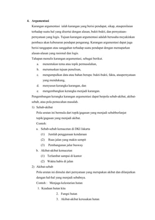 4. Argumentasi
Karangan argumentasi ialah karangan yang berisi pendapat, sikap, ataupenilaian
terhadap suatu hal yang disertai dengan alasan, bukti-bukti, dan pernyataan-
pernyataan yang logis. Tujuan karangan argumentasi adalah berusaha meyakinkan
pembaca akan kebenaran pendapat pengarang. Karangan argumentasi dapat juga
berisi tanggapan atau sanggahan terhadap suatu pendapat dengan memaparkan
alasan-alasan yang rasional dan logis.
Tahapan menulis karangan argumentasi, sebagai berikut.
a. menentukan tema atau topik permasalahan,
b. merumuskan tujuan penulisan,
c. mengumpulkan data atau bahan berupa: bukti-bukti, fakta, ataupernyataan
yang mendukung,
d. menyusun kerangka karangan, dan
e. mengembangkan kerangka menjadi karangan.
Pengembangan kerangka karangan argumentasi dapat berpola sebab-akibat, akibat-
sebab, atau pola pemecahan masalah.
1) Sebab-akibat
Pola urutan ini bermula dari topik/gagasan yang menjadi sebabberlanjut
topik/gagasan yang menjadi akibat.
Contoh:
a. Sebab-sebab kemacetan di DKI Jakarta
(1) Jumlah penggunaan kendaraan
(2) Ruas jalan yang makin sempit
(3) Pembangunan jalur busway
b. Akibat-akibat kemacetan
(1) Terlambat sampai di kantor
(2) Waktu habis di jalan
2) Akibat-sebab
Pola urutan ini dimulai dari pernyataan yang merupakan akibat dan dilanjutkan
dengan hal-hal yang menjadi sebabnya.
Contoh : Menjaga kelestarian hutan
1. Keadaan hutan kita
2. Fungsi hutan
3. Akibat-akibat kerusakan hutan
 