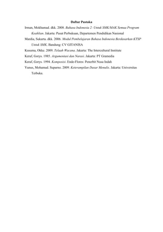 Daftar Pustaka
Irman, Mokhamad. dkk. 2008. Bahasa Indonesia 2: Untuk SMK/MAK Semua Program
Keahlian. Jakarta: Pusat Perbukuan, Departemen Pendidikan Nasional
Mardia, Sukarta. dkk. 2006. Modul Pembelajaran Bahasa Indonesia Berdasarkan KTSP
Untuk SMK. Bandung: CV GITANISA
Kusuma, Okke. 2009. Telaah Wacana. Jakarta: The Intercultural Institute
Keraf, Gorys. 1985. Argumentasi dan Narasi. Jakarta: PT Gramedia
Keraf, Gorys. 1994. Komposisi. Ende-Flores: Penerbit Nusa Indah
Yunus, Mohamad. Suparno. 2009. Keterampilan Dasar Menulis. Jakarta: Universitas
Terbuka.
 