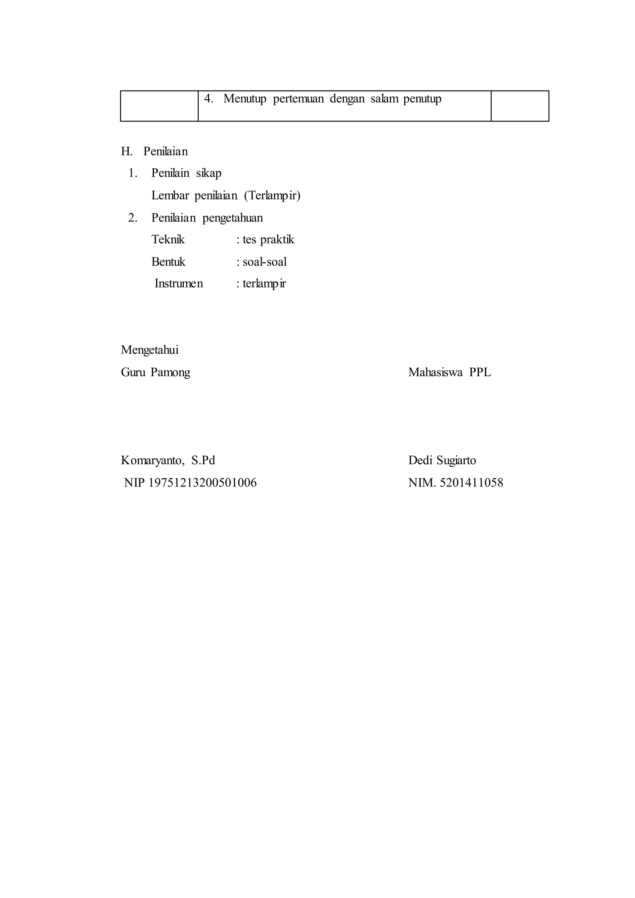 4. Menutup pertemuan dengan salam penutup
H. Penilaian
1. Penilain sikap
Lembar penilaian (Terlampir)
2. Penilaian pengetahuan
Teknik : tes praktik
Bentuk : soal-soal
Instrumen : terlampir
Mengetahui
Guru Pamong Mahasiswa PPL
Komaryanto, S.Pd Dedi Sugiarto
NIP 19751213200501006 NIM. 5201411058
 