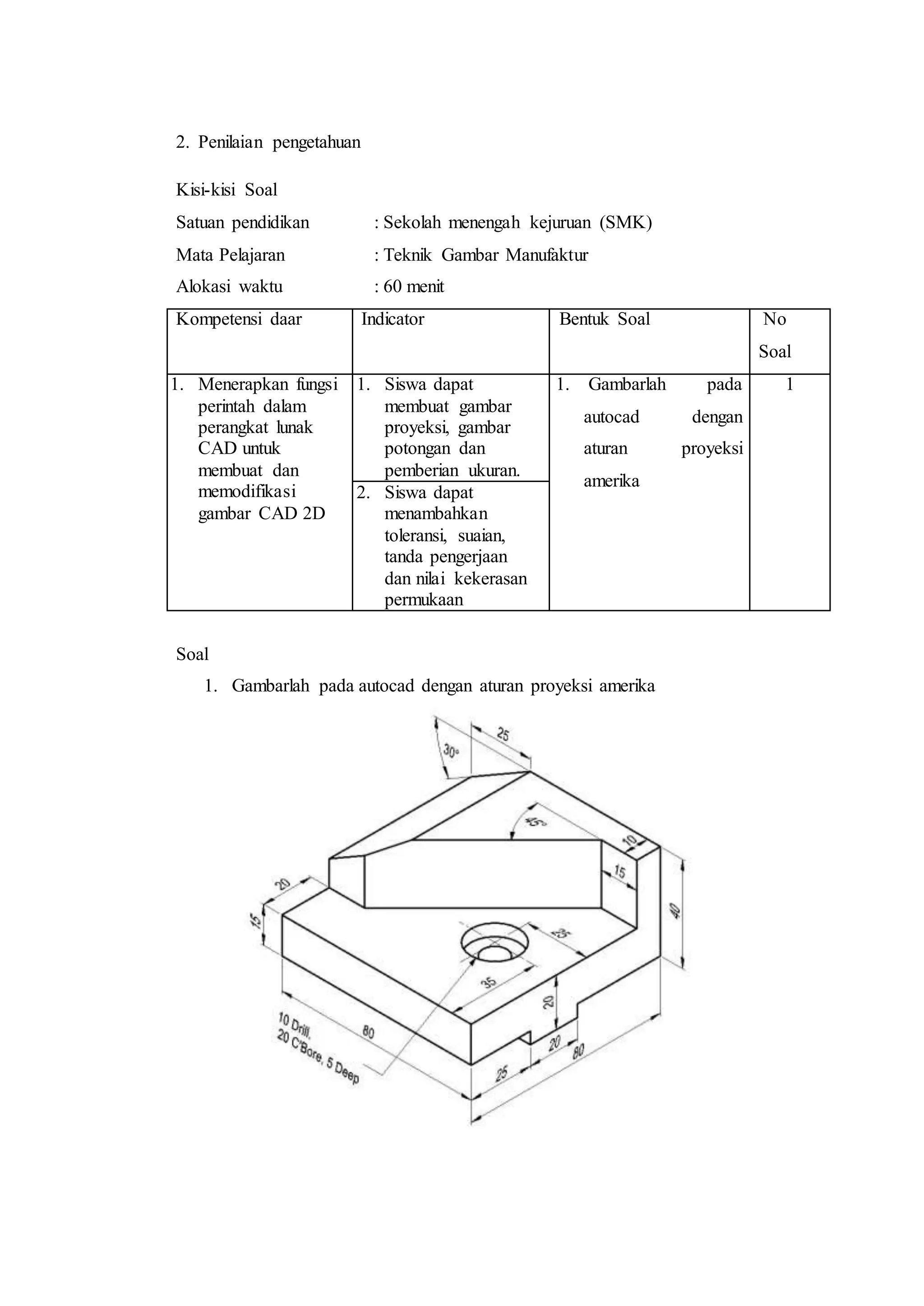 2. Penilaian pengetahuan
Kisi-kisi Soal
Satuan pendidikan : Sekolah menengah kejuruan (SMK)
Mata Pelajaran : Teknik Gambar Manufaktur
Alokasi waktu : 60 menit
Kompetensi daar Indicator Bentuk Soal No
Soal
1. Menerapkan fungsi
perintah dalam
perangkat lunak
CAD untuk
membuat dan
memodifikasi
gambar CAD 2D
1. Siswa dapat
membuat gambar
proyeksi, gambar
potongan dan
pemberian ukuran.
1. Gambarlah pada
autocad dengan
aturan proyeksi
amerika
1
2. Siswa dapat
menambahkan
toleransi, suaian,
tanda pengerjaan
dan nilai kekerasan
permukaan
Soal
1. Gambarlah pada autocad dengan aturan proyeksi amerika
 