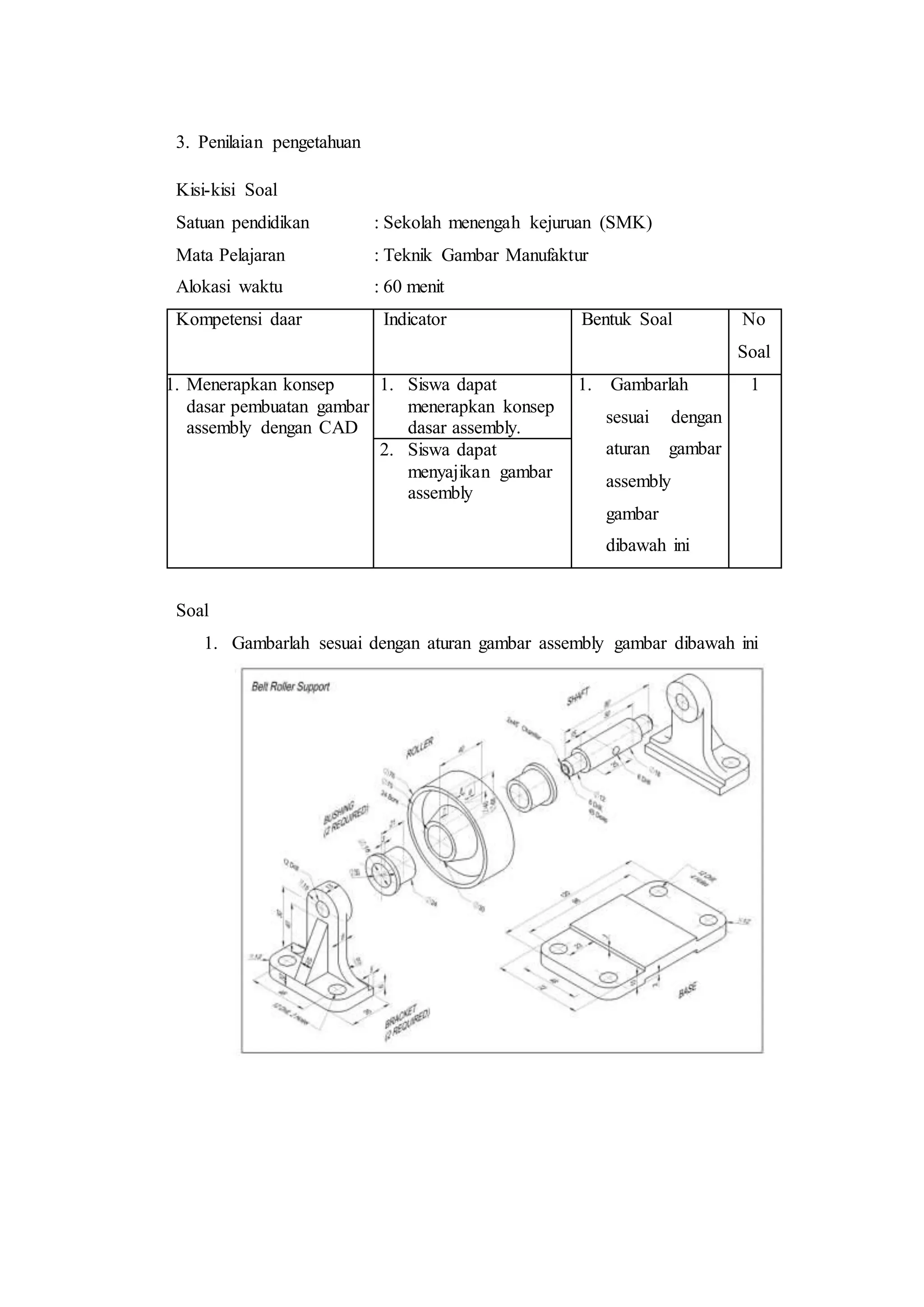 3. Penilaian pengetahuan
Kisi-kisi Soal
Satuan pendidikan : Sekolah menengah kejuruan (SMK)
Mata Pelajaran : Teknik Gambar Manufaktur
Alokasi waktu : 60 menit
Kompetensi daar Indicator Bentuk Soal No
Soal
1. Menerapkan konsep
dasar pembuatan gambar
assembly dengan CAD
1. Siswa dapat
menerapkan konsep
dasar assembly.
1. Gambarlah
sesuai dengan
aturan gambar
assembly
gambar
dibawah ini
1
2. Siswa dapat
menyajikan gambar
assembly
Soal
1. Gambarlah sesuai dengan aturan gambar assembly gambar dibawah ini
 