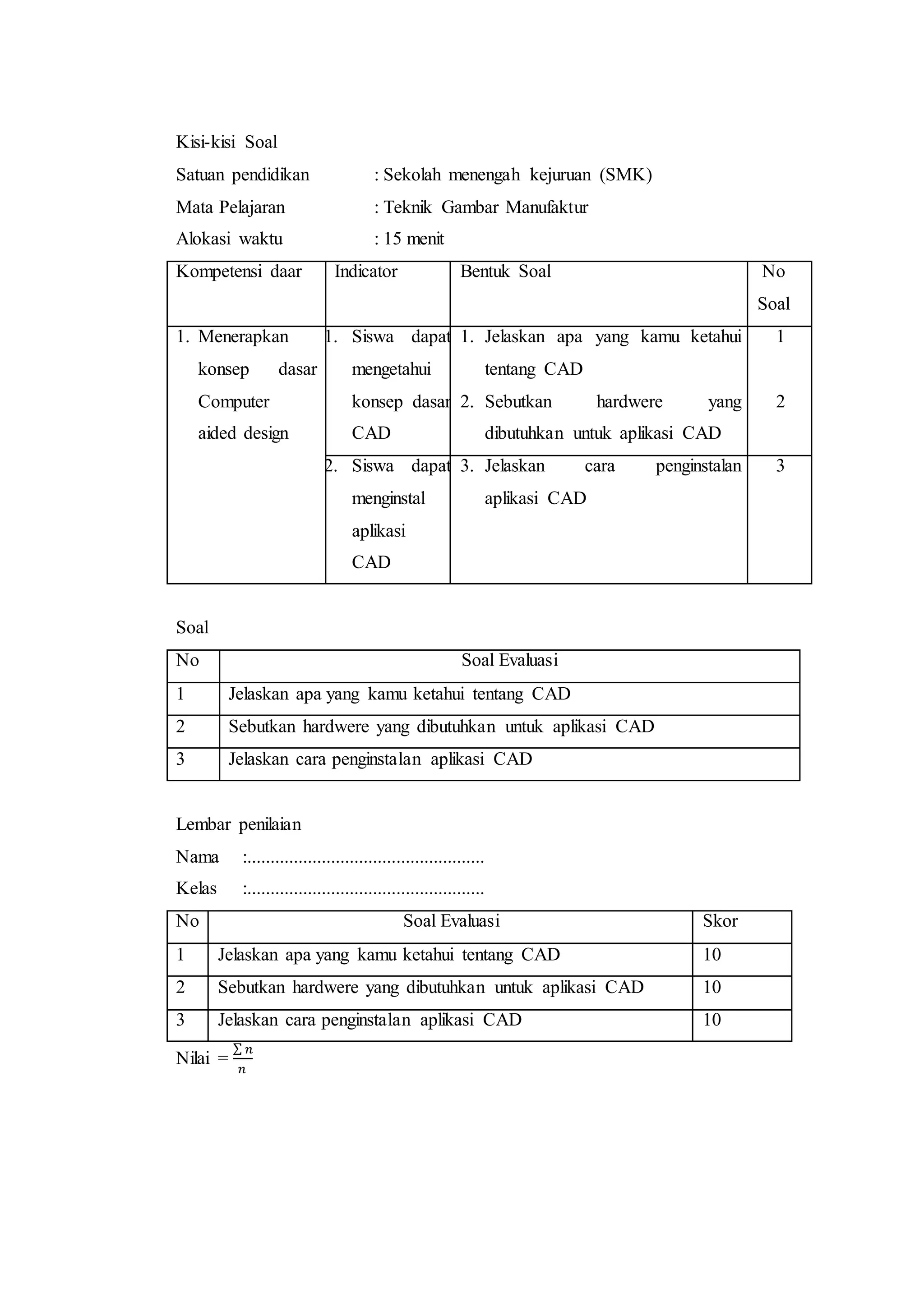 Kisi-kisi Soal
Satuan pendidikan : Sekolah menengah kejuruan (SMK)
Mata Pelajaran : Teknik Gambar Manufaktur
Alokasi waktu : 15 menit
Kompetensi daar Indicator Bentuk Soal No
Soal
1. Menerapkan
konsep dasar
Computer
aided design
1. Siswa dapat
mengetahui
konsep dasar
CAD
1. Jelaskan apa yang kamu ketahui
tentang CAD
2. Sebutkan hardwere yang
dibutuhkan untuk aplikasi CAD
1
2
2. Siswa dapat
menginstal
aplikasi
CAD
3. Jelaskan cara penginstalan
aplikasi CAD
3
Soal
No Soal Evaluasi
1 Jelaskan apa yang kamu ketahui tentang CAD
2 Sebutkan hardwere yang dibutuhkan untuk aplikasi CAD
3 Jelaskan cara penginstalan aplikasi CAD
Lembar penilaian
Nama :...................................................
Kelas :...................................................
No Soal Evaluasi Skor
1 Jelaskan apa yang kamu ketahui tentang CAD 10
2 Sebutkan hardwere yang dibutuhkan untuk aplikasi CAD 10
3 Jelaskan cara penginstalan aplikasi CAD 10
Nilai =
∑ 𝑛
𝑛
 