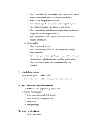  Siswa memiliki dan menunjukkan rasa percaya diri dalam
mengerjakan dan menyelesaikan masalah yang diberikan.
 Kreatif dalam mengemukakan jawaban.
 Siswa bersemangat dan antusias selama proses pembelajaran.
 Siswa dapat menghargai guru ataupun sesama teman.
 Siswa menunjukkan kegigihan untuk mengerjakan tugas ataupun
menyelesaikan masalah yang diberikan.
 Siswa mampu bekerjasama dengan baik sesama teman atau
anggota kelompoknya.
2. Keterampilan
 Siswa berani untuk bertanya.
 Siswa mampu mengeluarkan ide – ide atau pendapat dengan
pemikiran kreatif.
 Siswa mampu menjadi pendengar yang baik saat guru
menyampaikan materi ataupun saat berdiskusi sesama teman.
 Siswa bekerjasama dalam menyelesaikan masalah yang
diberikan.

V.

Metode Pembelajaran
Model Pembelajaran

: Open Ended

Metode pembelajaran

: Diskusi, Tanya jawab, pemberian tugas dll

VI. Alat / Media dan sumber Pembelajaran
1. Alat / Media: spidol, papan tulis, penghapus dll
2. Sumber Pembelajaran :
 Buku matematika untuk SMK kelas X
 Buku matematika lain yang relevan
 Lingkungan
 LDS ( terlampir )

VII. Materi pembelajaran
 Model Matematika

 