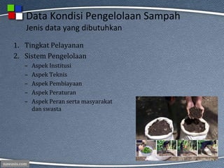 nawasis.com
Data Kondisi Pengelolaan Sampah
Jenis data yang dibutuhkan
1. Tingkat Pelayanan
2. Sistem Pengelolaan
– Aspek Institusi
– Aspek Teknis
– Aspek Pembiayaan
– Aspek Peraturan
– Aspek Peran serta masyarakat
dan swasta
 