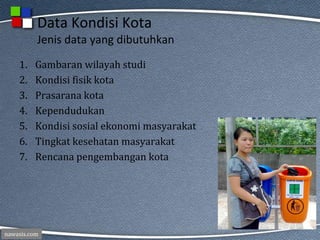 nawasis.com
Data Kondisi Kota
Jenis data yang dibutuhkan
1. Gambaran wilayah studi
2. Kondisi fisik kota
3. Prasarana kota
4. Kependudukan
5. Kondisi sosial ekonomi masyarakat
6. Tingkat kesehatan masyarakat
7. Rencana pengembangan kota
 