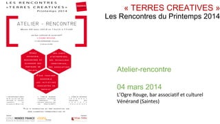 « TERRES CREATIVES »

Les Rencontres du Printemps 2014

Atelier-rencontre
04 mars 2014

L’Ogre Rouge, bar associatif et culturel
Vénérand (Saintes)

 