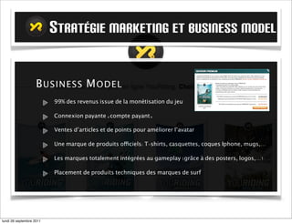STRATÉGIE MARKETING ET BUSINESS MODEL

                   B US I NES S M O D E L
                          99% des revenus issue de la monétisation du jeu

                          Connexion payante «compte payant»

                          Ventes d’articles et de points pour améliorer l’avatar

                          Une marque de produits officiels: T-shirts, casquettes, coques Iphone, mugs,...

                          Les marques totalement intégrées au gameplay (grâce à des posters, logos,...)

                          Placement de produits techniques des marques de surf




mardi 27 septembre 2011
 