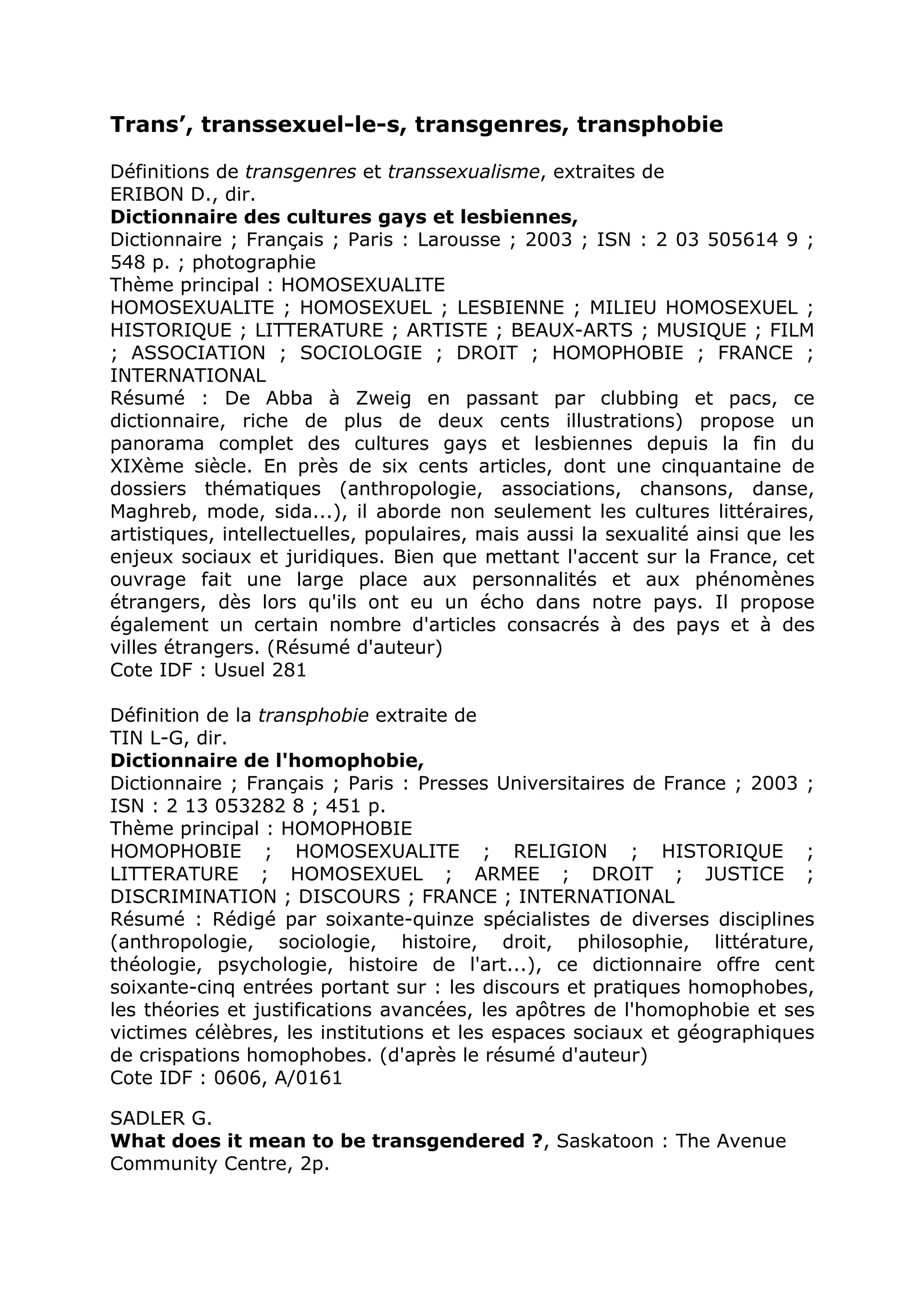 Rencontre du CRIPS / Act Up-Paris "Personnes trans : quels enjeux de santé ?" - Dossier documentaire