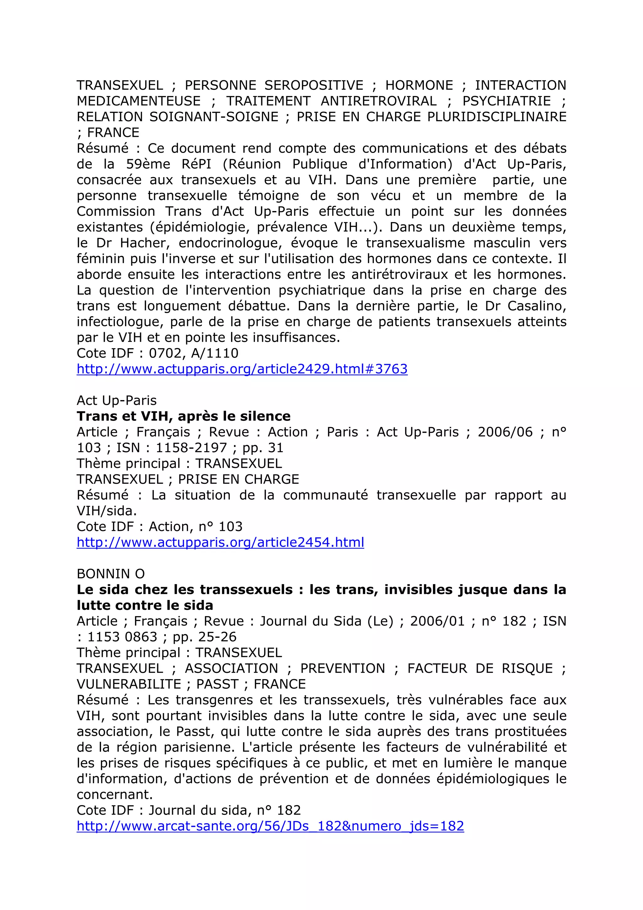 Rencontre du CRIPS / Act Up-Paris "Personnes trans : quels enjeux de santé ?" - Dossier documentaire