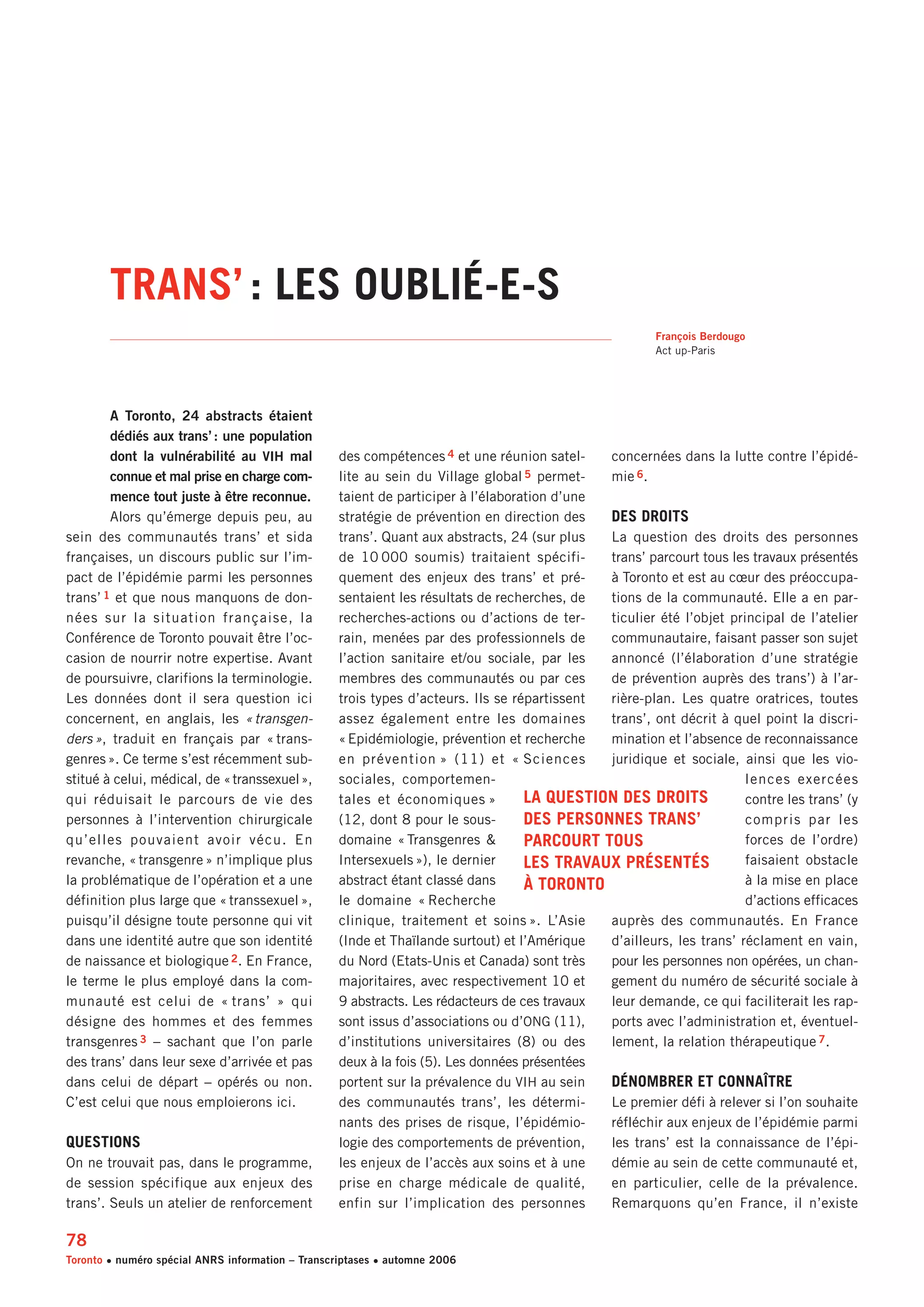 Rencontre du CRIPS / Act Up-Paris "Personnes trans : quels enjeux de santé ?" - Dossier documentaire