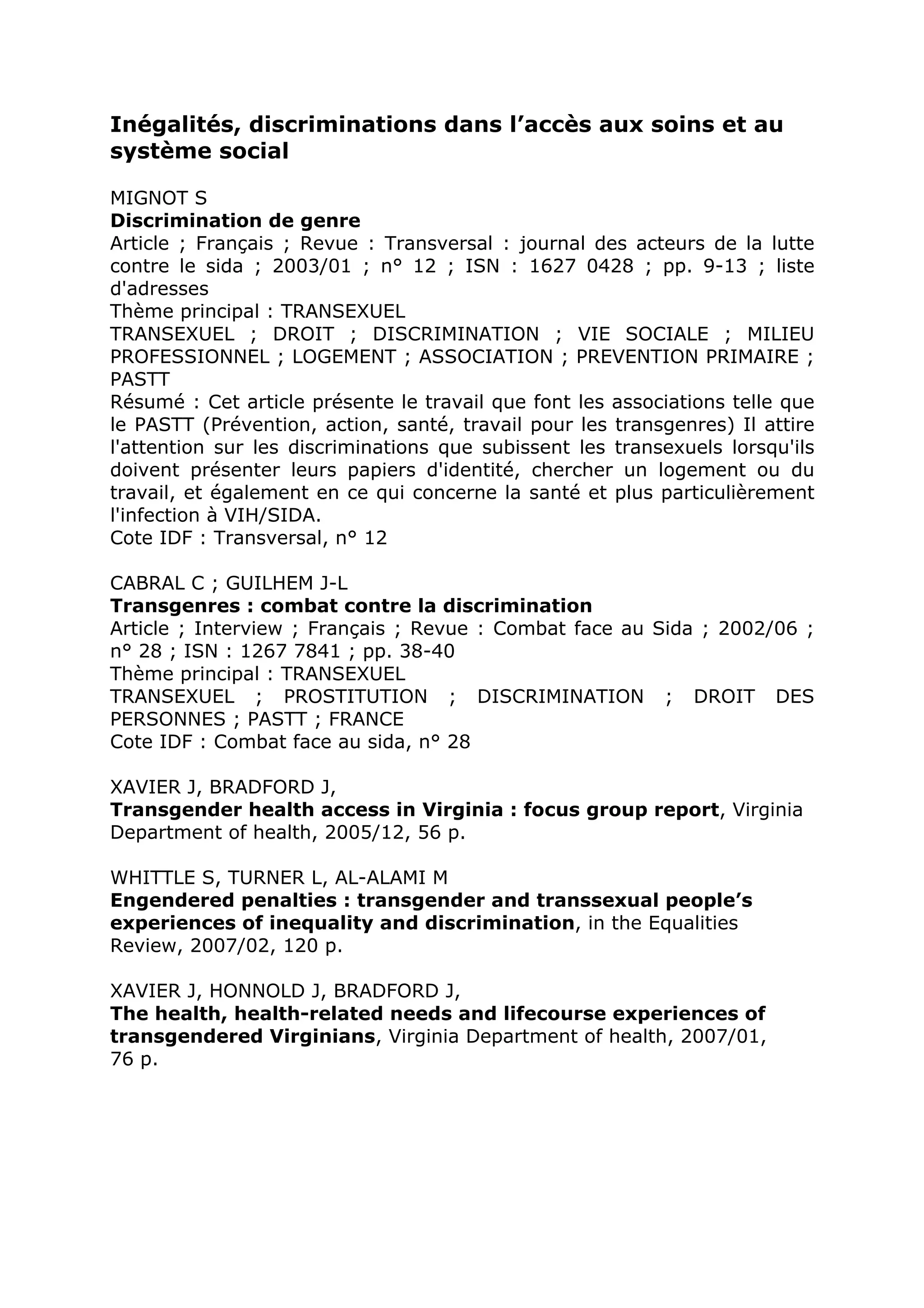 Rencontre du CRIPS / Act Up-Paris "Personnes trans : quels enjeux de santé ?" - Dossier documentaire