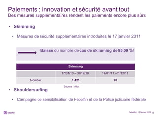 Paiements : innovation et sécurité avant tout Des mesures supplémentaires rendent les paiements encore plus sûrs Skimming  Mesures de sécurité supplémentaires introduites le 17 janvier 2011 Baisse  du nombre de  cas de skimming de 95,09 % ! Shouldersurfing Campagne de sensibilisation de Febelfin et de la Police judiciaire fédérale Febelfin | 13 février 2012 Source : Atos Skimming 17/01/10 – 31/12/10  17/01/11 –31/12/11 Nombre  1.425 70 