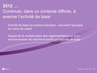 2012 … Continuer, dans un contexte difficile, à exercer l’activité de base Febelfin | 13 février 2012 Activité de base du secteur bancaire : convertir l’épargne  en octroi de crédit Impact de la multiplication des réglementations et d’un environnement de marché évolutif sur l’activité de base  
