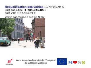Requalification des voiries 1.979.940,94 €
Part subsidiée :1.781.946,85 €
Part Ville :197.994,09 €
Voirie concernée : rue de Nimy




        Avec le soutien financier de l’Europe et
                de la Région wallonne
 