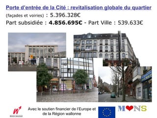 Porte d’entrée de la Cité : revitalisation globale du quartier
(façades et voiries) : 5.396.328€
Part subsidiée : 4.856.695€ - Part Ville : 539.633€




         Avec le soutien financier de l’Europe et
                 de la Région wallonne
 