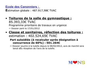 Ecole des Canonniers :
Estimation globale : 487.917,98€ TVAC

• Toitures de la salle de gymnastique :
  85.393,33€ TVAC
  Programme prioritaire de travaux en urgence
   Dossier parti le 17/01/2012

• Classe et sanitaires, réfection des toitures :
  estimation : 402.524,65€ TVAC
   Part subsidiée (à recalculer après désignation à
     concurrence de 60%) : 501.264€
    Dossier soumis à la tutelle depuis le 08/02/2012, avis de marché sera
     lancé dès réception de l’avis de la tutelle.
 