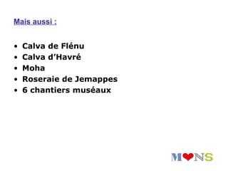 Mais aussi :


•   Calva de Flénu
•   Calva d’Havré
•   Moha
•   Roseraie de Jemappes
•   6 chantiers muséaux
 