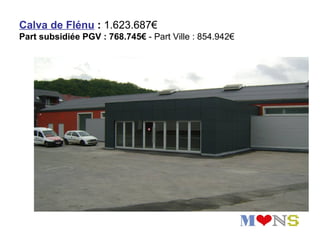 Calva de Flénu : 1.623.687€
Part subsidiée PGV : 768.745€ - Part Ville : 854.942€
 