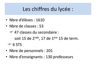 Les chiffres du lycée :
• Nbre d’élèves : 1610
• Nbre de classes : 53
 47 classes du secondaire :
soit 15 de 2nde, 17 de 1ère 15 de term.
 6 STS
• Nbre de personnels : 201
• Nbre d’enseignants : 130 professeurs
 