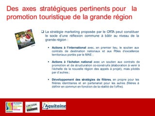 Des axes stratégiques pertinents pour la
promotion touristique de la grande région
 La stratégie marketing proposée par le CRTA peut constituer
le socle d’une réflexion commune à bâtir au niveau de la
grande région :
 Actions à l’international avec, en premier lieu, le soutien aux
contrats de destination nationaux et aux Pôles d’excellence
territoriaux portés par le MAE ;
 Actions à l’échelon national avec un soutien aux contrats de
promotion et de structuration co-construits (élaboration à venir à
l’échelle de la nouvelle région des appels à projet), mais pilotés
par d’autres ;
 Développement des stratégies de filières, en propre pour les
filières identitaires et en partenariat pour les autres (filières à
définir en commun en fonction de la réalité de l’offre).
 