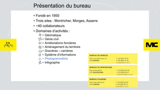 Présentation du bureau
• Fondé en 1950
• Trois sites : Montricher, Morges, Assens
• ~40 collaborateurs
• Domaines d’activi...