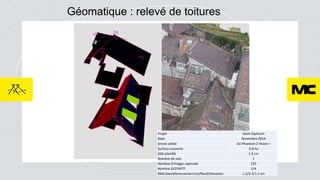 Géomatique : relevé de toitures
Projet Saint-Saphorin
Date Novembre 2014
Drone utilisé DJI Phantom 2 Vision +
Surface couv...