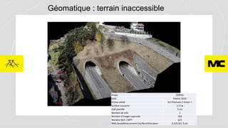 Géomatique : terrain inaccessible
Projet OFROU
Date Février 2015
Drone utilisé DJI Phantom 2 Vision +
Surface couverte 1.5...