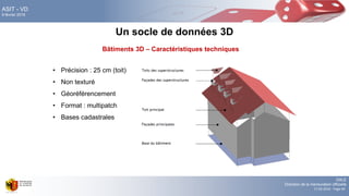 DALE
Direction de la mensuration officielle
17.02.2016 - Page 69
ASIT - VD
9 février 2016
Un socle de données 3D
• Précision : 25 cm (toit)
• Non texturé
• Géoréférencement
• Format : multipatch
• Bases cadastrales
Bâtiments 3D – Caractéristiques techniques
 