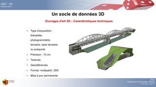 DALE
Direction de la mensuration officielle
17.02.2016 - Page 70
ASIT - VD
9 février 2016
Un socle de données 3D
Ouvrages d'art 3D – Caractéristiques techniques
• Type d’acquisition:
théodolite,
photogrammétrie
terrestre, laser terrestre
ou autoporté
• Précision : 10 cm
• Texturés
• Géoréférencés
• Format: multipatch, 3DS
• Mise à jour permanente
 