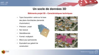DALE
Direction de la mensuration officielle
17.02.2016 - Page 72
ASIT - VD
9 février 2016
Un socle de données 3D
Bâtiments projet 3D – Caractéristiques techniques
• Type d’acquisition: saisie sur la base
des plans d'architectes (demande
d'autorisation)
• Précision : projet
• Non texturé
• Géoréférencés
• Format: multipatch
• Mise à jour permanente
• Equivalent aux gabarit de
construction
 