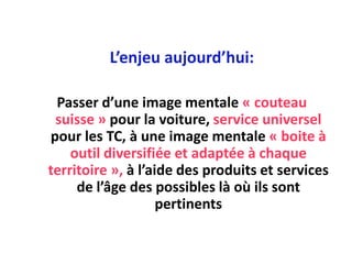 L’enjeu aujourd’hui:

 Passer d’une image mentale « couteau
 suisse » pour la voiture, service universel
pour les TC, à une image mentale « boite à
    outil diversifiée et adaptée à chaque
territoire », à l’aide des produits et services
     de l’âge des possibles là où ils sont
                    pertinents
 