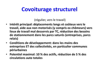 Covoiturage structurel
                      (régulier, vers le travail)
• Intérêt principal: déplacements longs et coûteux vers le
  travail, aide aux non motorisés (y compris ex chômeurs) vers
  lieux de travail mal desservis par TC, réduction des besoins
  de stationnement dans les parcs saturés (entreprises, parcs
  relais)
• Conditions de développement: dans les mains des
  entreprises ET des collectivités, en particulier communes
  périurbaines
• Potentiel maximal: 10 % des actifs, réduction de 5 % des
  circulations auto totales
 