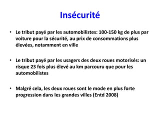 Insécurité
• Le tribut payé par les automobilistes: 100-150 kg de plus par
  voiture pour la sécurité, au prix de consommations plus
  élevées, notamment en ville

• Le tribut payé par les usagers des deux roues motorisés: un
  risque 23 fois plus élevé au km parcouru que pour les
  automobilistes

• Malgré cela, les deux roues sont le mode en plus forte
  progression dans les grandes villes (Entd 2008)
 