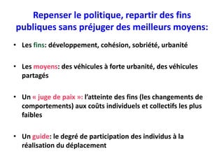 Repenser le politique, repartir des fins
publiques sans préjuger des meilleurs moyens:
• Les fins: développement, cohésion, sobriété, urbanité

• Les moyens: des véhicules à forte urbanité, des véhicules
  partagés

• Un « juge de paix »: l’atteinte des fins (les changements de
  comportements) aux coûts individuels et collectifs les plus
  faibles

• Un guide: le degré de participation des individus à la
  réalisation du déplacement
 