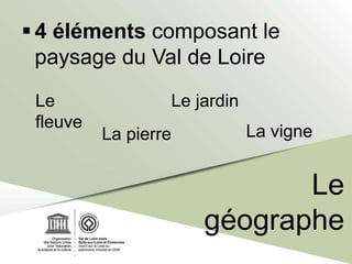  4 éléments composant le
paysage du Val de Loire
Le
géographe
Le
fleuve
La pierre
Le jardin
La vigne
 