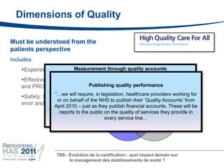 Dimensions of Quality

Must be understood from the
patients perspective
Includes:
    Experience: Quality Measurement through quality accounts
                         of caring
    Effectiveness:guide local innovation and improvement efforts: A means to
                To Clinical outcomes
                                                   Experience
    and PROMS                    Publishing quality care
                                       better quality performance
                          Allow patient choice and informed decisions
                 “…we will require, in legislation, healthcare providers working for
    Safety: Measurement of avoidable
                Crucially, an of the NHS in the
                  or on behalf              to publish their ‘Quality Accounts’ from
    error and adverse 2010 –improvement publishpayment system for These will be
                        outcome as they                                  providers
                 April the CQUIN scheme: payment for improved outcomes.
                  with         just                 financial accounts.
                Providers willthe public on thethe first of services they provide in
                   reports to be rewarded in quality year for submitting data
                                          every service line…
                                  Effectiveness                         Safety




                    TR6 - Évolution de la certification : quel impact demain sur
                          le management des établissements de santé ?
 